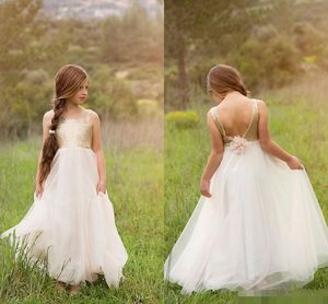 Wholesale gold tulle flower girl dresses resale online - Newest Flower Girls Dresses for Weddings Princess Style Boat Neck Backless Gold Sequins On Top Tulle A Line Sleeveless White Dresses