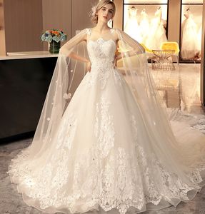 Vintage Lace Applique Beaded Ball Gowns Wedding Dresses With Long Cape Chapel Train Lace Up Bridal Dress Ivory Vestido De Novia