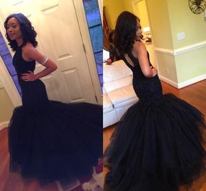 Black Prom Dresses Mermaid Shape With Heavy Beaded Work Keyhole Back Zipper Puffy Tulle Trumpet Evening Gowns For Formal Event