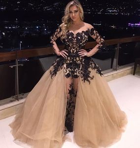Sexy See Through Dresses Evening Wear With Long Sleeves Black Lace Appliques Ruched Champagne Tulle Plus Size Zuhair Murad Formal Prom Gowns