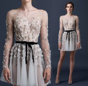 Paolo Sebastian短編パーティードレスビーズスパンコールのアップリケの花Ruched Promのドレス2015長袖シアーセクシーなドレスパーティーの夜