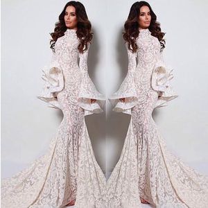 Arabic Evening Dresses Long Sleeves Mermaid Style Floor Length Long Fashion Dress Wedding Gowns Appliques See Through Sexy Party Dress