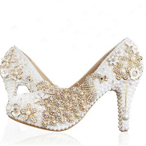 Bridal Party Shoes White Pearl Stilettos Phoenix Crystal Round Toe Wedding Shoes Formal Prom Party High Heels Bridesmaid Pumps