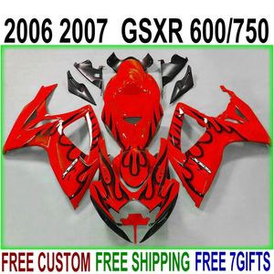 Ny Fairing Kit för Suzuki GSX-R600 / 750 06 07 Fairings K6 GSXR 600 750 2006 2007 Svart flammor i röd Motobike Set NS75