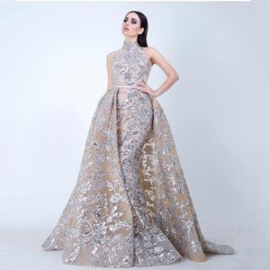 Yousef aljasmi Labourjoisie Abiti da sera Abiti da ballo Overskirt Treno staccabile Champagne Mermaid Applique in pizzo Abito da sera Collo alto