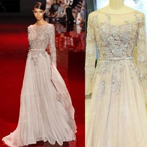 Elie Saab Beaded Chiffon Long Prom Klänningar A-Line Backless Långärmad Evening Party Gowns Sequins Crystal Sheer Neck Celebrity Dresses