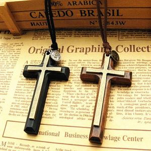 Xmas gifts Double alloy wooden Cross pendant necklace vintage sweater chain Leather cord men women jewelry handmade stylish