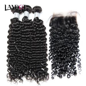 Brazilian Peruvian Malaysian Indian Cambodian Mongolian Curly Virgin Hair Weave 3 Bundles with Lace Closures Deep Curly Mink Remy Human Hair