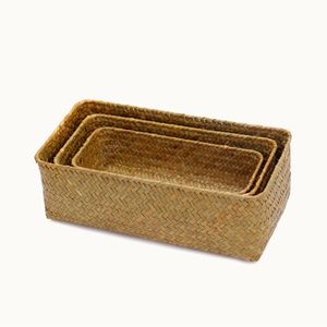 Handgjord halmlagringsbox Seagrass korg Rattan Fruktbehållare Makeup Organizer Woven Storage Korgar Korgkorgar