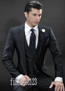 New Arrivals One Button Black Stripe Groom Tuxedos Notch Lapel Groomsmen Best Man Wedding Prom Garnitury (kurtka + spodnie + kamizelka + krawat) G5120