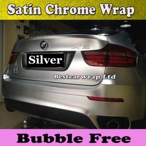 Silver Chrome Saten Araba Sarma Film Air Serbest Bırakma Mat Chrome Araç Sarma Stil Dışı Çıkarımlar için Metalik Boyut1 52x20m Roll5229J