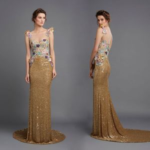 Sparkly Sequined Evening Dresses Hamda Al Fahim Sheer Jewel Neck Floral Appliqued Prom Gowns Sweep Train Keyhole Back Evening Dress