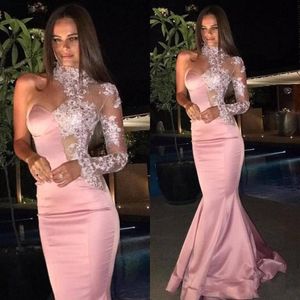 2020 Cheap Sexy Pink One Shoulder Mermaid Evening Dresses Wear High Neck Long Sleeve Sheer Lace Appliques Plus Size Prom Party Dress Gowns