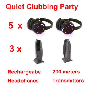 Silent Disco complete system professional led wireless headphones equipment - Quiet Clubbing Party Bundle Including 5 Headphones and 3 Transmitters 200m Distance