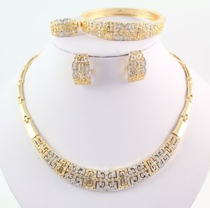 New Vintage Gold Necklace Bracelet Ring Earring Fashion Full Rhinestone 18K Gold Plated Wedding Party Jewelry Sets