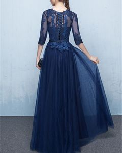 Elegante marineblaue Kleider für die Brautmutter, halbe Ärmel, transparent, mit Applikation, Schnürung am Rücken, bodenlanges Partykleid, Königsblau B259S