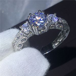 Vintage Jewelry Three-stone 5A zircon stone Engagement wedding band rings for women men White Gold Filled Female Bijoux