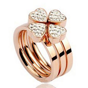 Titanium steel jewelry Three type joining together Four flower Set auger titanium steel rose gold ring size 6,7,8,9 Couples ring