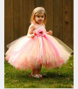 2015 Cute Lovely Girls Pageant Flower Girl Dresses Handmade Flowers Ruffles A Line Halter Neckline Tea Length Bridal Gown