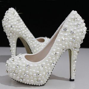패션 고급 진주 크리스탈 흰색 웨딩 신발 크기 12cm 하이힐 파티 파티 여성 신발 무료 배송