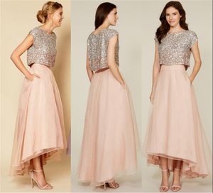 Two Pieces Unique Blush Bridesmaids Dresses para barato A Line Silver Sequins Top High Low Beach Plus Size Chiffon Maid of Honors