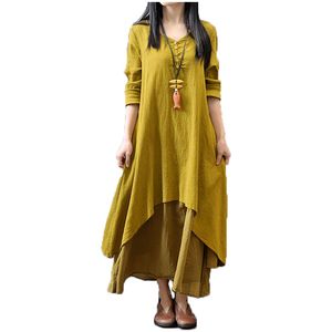 Wholesale-2016ファッション女性秋コットンリネンボーソリッド長いマキシドレスカジュアルルースロングスリーブVネックドレスvestidos Plusサイズホット