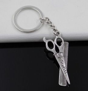 Fashion 20pcs/lot Key Ring Keychain Jewelry Silver Plated barber scissor comb Charms 24*53mm
