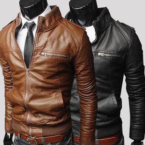 Venda imperdível! Casacos de inverno para homens PU Outdoor Brown Preto Outono Primavera Mola Longa Motocicleta Soft Shell de Couro Manga Denim Mens Casacos