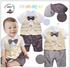 2019 venda quente meninos roupas de manga curta turn-down collar romper para bebê pequeno laço arco criança jumpsuit com chapéu 0-3age K25