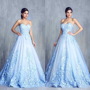 Light Blue Tulle Prom Dresses Sweetheat Floral Applique Sleeveless Zipper Backless Evening Dress Charming Sweep Train Formal Evening Gowns