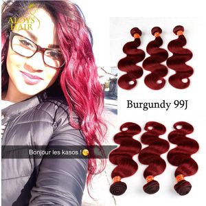 Burgundy Brasilianska Virgin Hair Weaves Bundes Body Wave Virgin Peruvian Malaysian Indian Remy Human Hair Extensions Vin Röd 99J Tjock mjuk