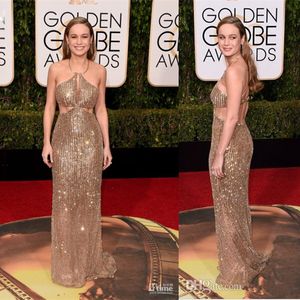 Sparkly Golden Sequined Prom Dresses Evening Gowns Brie Larson Halter Cutaway Sidor Sexig Tillbaka Kändis Röd Carpet Klänningar Golden Globe