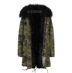 Cappotti caldi da donna Marchio Jazzevar Fodera in pelliccia di agnello nera Giacche lunghe con conchiglia mimetica Parka invernale da neve con cappuccio con bordo in pelliccia