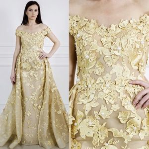 3 dの花のアップリケの真珠ゴールドのウエディングドレススイープトレインショルダースノースリーブイブニングドレス新しいフォーマルドレスパーティーイブニングウェア
