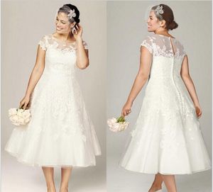 Sheer Lace Wedding Dresses with Illusion Neckline Short Sleeve Tea Length Bridal Gowns Appliques 2015 Plus Size Wedding Gowns256e