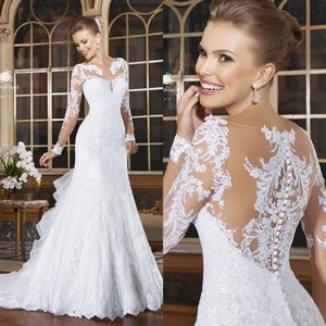 Romantico maniche lunghe sirena da sposa appliqued abiti da sposa in pizzo taglie forti bottoni sul retro 2017 vestido de noiva corte strascico