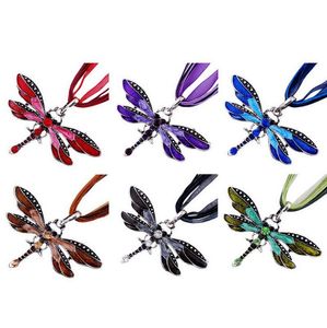 Hot Sell 6colors Vintage Emalj Dragonfly Crystal Hängsmycke Halsband Organza String Halsband Halsband Mode Smycken