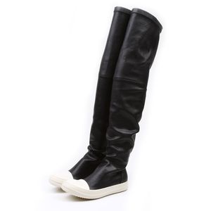 Esticar outono inverno botas acima do joelho mulheres preto caqui fundo branco grosso sapatos de plataforma plana botas de cano alto botas longas