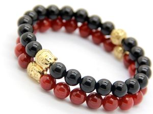 Nowy męski prezent świąteczny Grzywny Jewlery Hurtownie 10 sztuk / partia Wyśmienite Naturalne Czerwone i Czarne Koraliki Agata Złota Budda Bransoletka