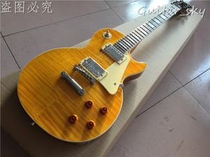 Chitarra elettrica di colore giallo di alta qualità con top in acero fiammato, guitarra hardware cromato, tutti i colori sono disponibili