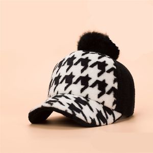 Rabbit fur pom pom baseball cap unisex houndstooth style sport hat 4 colors available free shipping