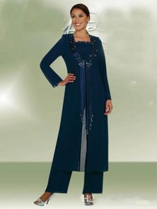 Latest Dark Navy 3 Pieces Long Jacket Mother Bride Pants Suits Women Party Wear Chiffon Groom Mother Trousers Suits Fashion Sequins Tassel