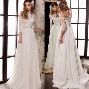 Boho 3/4 Sleeve Wedding Dresses Elegant Lace Appliqued Covered Button Chiffon Bridal Gowns Jewel Neck Garden Country Wedding Dress