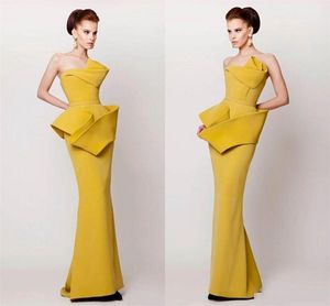 黄色アラビアのドバイスタイルのイブニングドレス2016シースRuchedサテンのドレスの床の長さのジッパー背中のvestidos de fiesta Pageantガウン