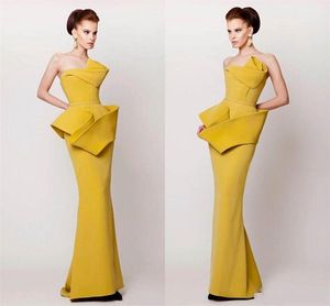 Amarelo Árabe Dubai Estilo Vestidos de Noite 2016 Bainha Ruched Satin Prom Vestido Até O Chão Zipper Voltar Vestidos De Fiesta Vestido Pageant