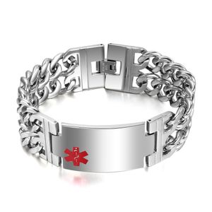 Tung högkvalitativ 93g Mäns Silver Rostfritt stål ID / Identifiering med röd medicinsk logotyp bred 23mm armband två-rad cowboy kedja 9.25 ''