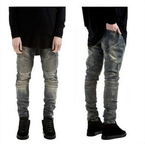 Jeans strappati da uomo autunnali pantaloni in denim slim fit jeans legati jeans da uomo a pieghe jeans da motociclista hip hop strech per uomo