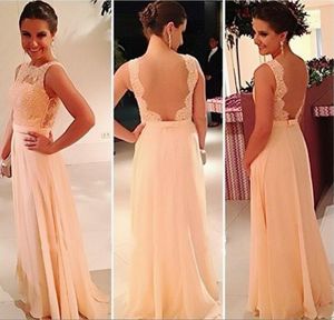 Högkvalitativ U Open Back Print Chiffon Lace Long Peach Color Bridesmaid Dress Party Klänning Anpassad