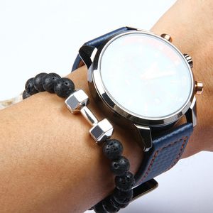 Mens Gift Wholesale New Arrival Alloy Metal Lava Rock Stone Beads Fitness Fashion Dumbbell Bracelets With Words