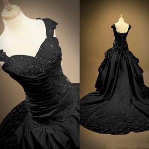 Unique Black Gothic Wedding Dresses Victorian A Line Ball Gown Capped Straps Beaded Lace Appliques Lace-up Back Bridal Gowns Chapel Train